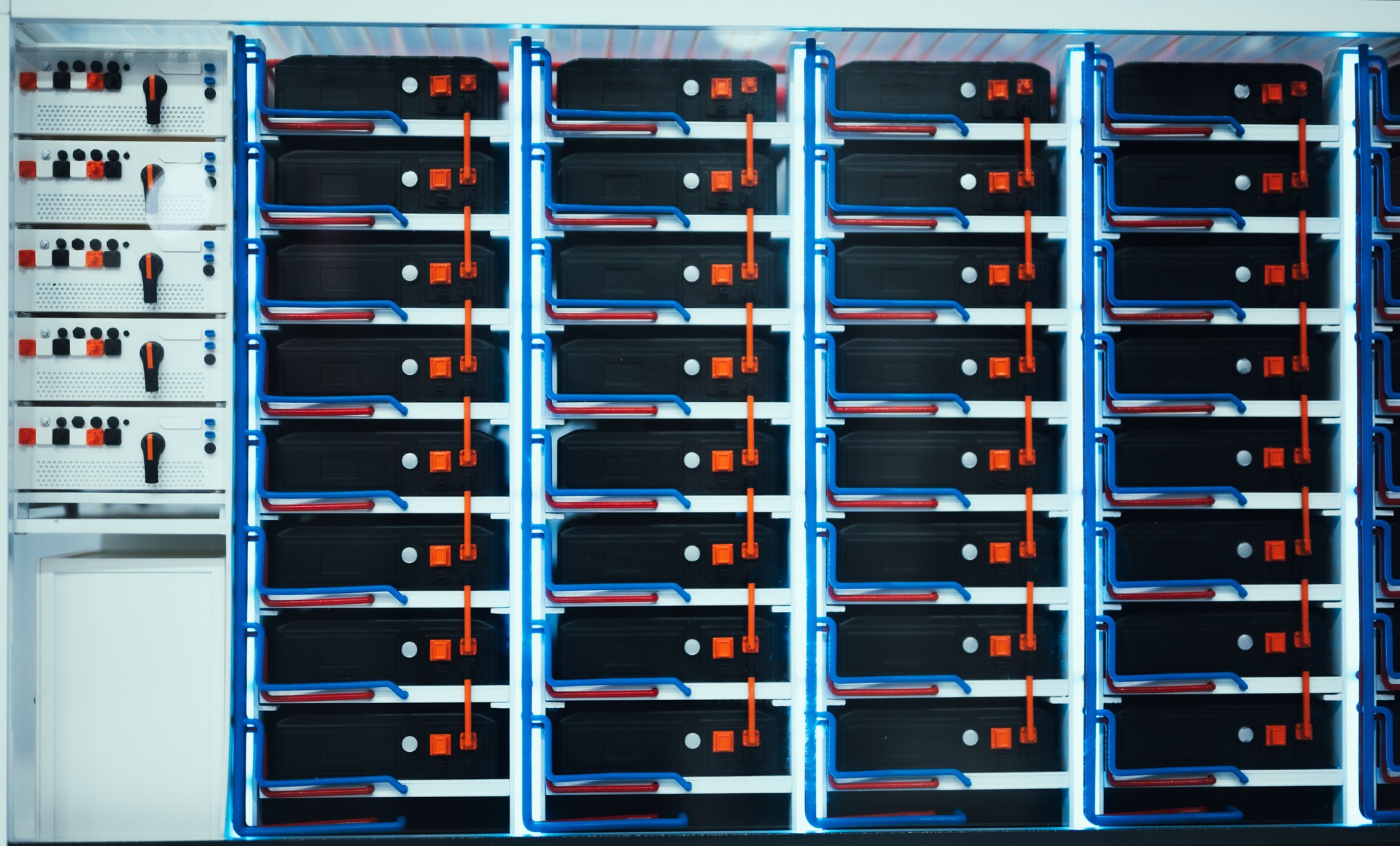 lithium-ion battery storage infrastructure for storing clean energy and powering smart grid solutions with modular racks for solar and wind renewable power integration