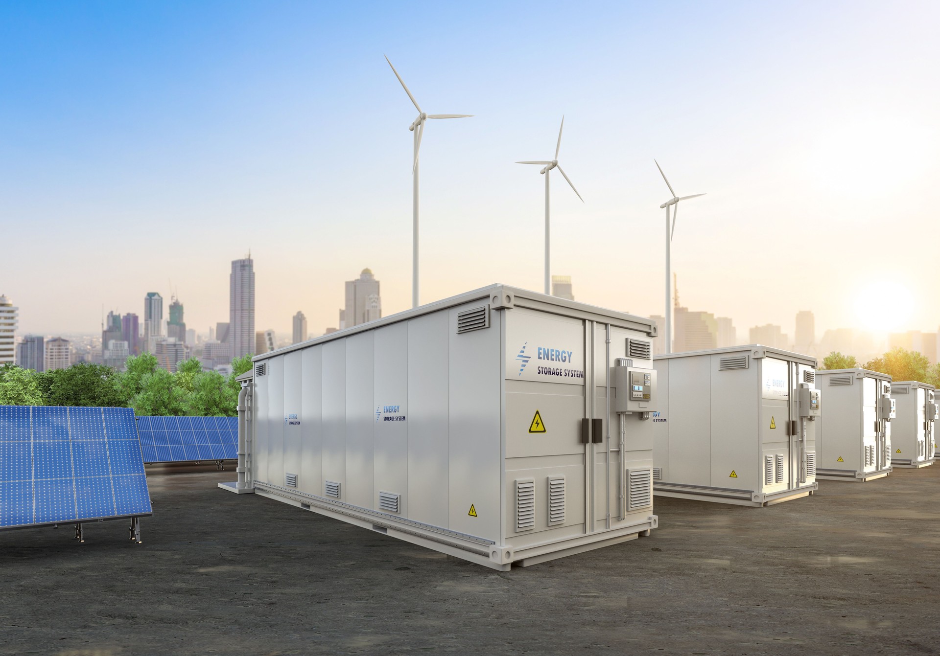 Amount of energy storage systems or battery container units with solar and turbine farm